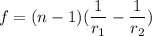 f=(n-1)({\dfrac{1}{r_{1}}-\dfrac{1}{r_{2}}})