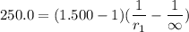 250.0=(1.500-1)({\dfrac{1}{r_{1}}-\dfrac{1}{\infty}})