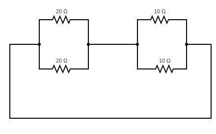 Two 20 ohm resistors are connected in parallel and two 10 ohm resistors are connected in parallel. i