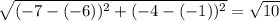 \sqrt{(-7 - (-6))^{2} + (-4 -(-1))^{2}  }  = \sqrt{10}