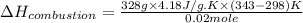 \Delta H_{combustion}=\frac{328g\times 4.18J/g.K\times (343-298)K}{0.02mole}