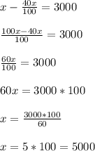 x-\frac{40x}{100}=3000\\ \\ \frac{100x-40x}{100}=3000\\ \\ \ \frac{60x}{100}=3000\\ \\ \ 60x= 3000*100\\ \\ x=\frac{3000*100}{60} \\ \\ \ x=5*100=5000\\