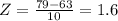 Z=\frac{79-63}{10} =1.6