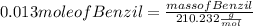 0.013 mole of Benzil = \frac{mass of Benzil }{210.232 \frac{g}{mol}}