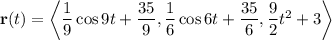 \mathbf r(t)=\left\langle\dfrac19\cos9t+\dfrac{35}9,\dfrac16\cos6t+\dfrac{35}6,\dfrac92t^2+3\right\rangle