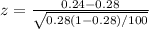 z=\frac{0.24 - 0.28}{\sqrt{0.28(1-0.28)/100}}