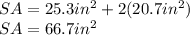 SA=25.3in^{2} +2(20.7in^{2})\\ SA=66.7 in^{2}
