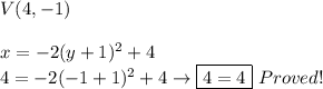 V(4,-1) \\ \\ x=-2(y+1)^2+4 \\ 4=-2(-1+1)^2+4 \rightarrow \boxed{4=4} \ Proved!