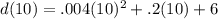 d(10)=.004(10)^2+.2(10)+6