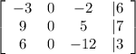 \left[\begin{array}{cccc}-3&0&-2&|6\\9&0&5&|7\\6&0&-12&|3\end{array}\right]