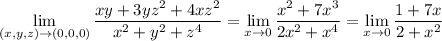 \displaystyle\lim_{(x,y,z)\to(0,0,0)}\frac{xy+3yz^2+4xz^2}{x^2+y^2+z^4}=\lim_{x\to0}\frac{x^2+7x^3}{2x^2+x^4}=\lim_{x\to0}\frac{1+7x}{2+x^2}