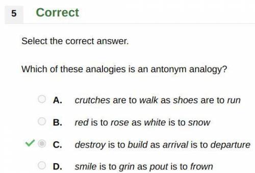 Instructions: select the correct answer. which of these analogies is an antonym analogy?  crutches a