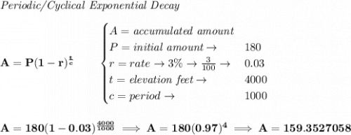 \bf \textit{Periodic/Cyclical Exponential Decay}&#10;\\\\&#10;A=P(1 - r)^{\frac{t}{c}}\qquad &#10;\begin{cases}&#10;A=\textit{accumulated amount}\\&#10;P=\textit{initial amount}\to &180\\&#10;r=rate\to 3\%\to \frac{3}{100}\to &0.03\\&#10;t=\textit{elevation feet}\to &4000\\&#10;c=period\to &1000&#10;\end{cases}&#10;\\\\\\&#10;A=180(1-0.03)^{\frac{4000}{1000}}\implies A=180(0.97)^4\implies A= 159.3527058