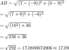 AB=\sqrt{(7-(-9))^2+(3-9)^2}\\\\=\sqrt{(7+9)^2+(-6)^2}\\\\=\sqrt{(16^2)+36} \\\\=\sqrt{256+36} \\\\=\sqrt{292}=17.0880074906\approx17.09