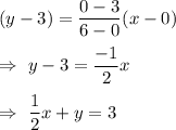 (y-3)=\dfrac{0-3}{6-0}(x-0)\\\\\Rightarrow\ y-3=\dfrac{-1}{2}x\\\\\Rightarrow\ \dfrac{1}{2}x+y=3
