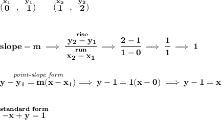 \bf (\stackrel{x_1}{0}~,~\stackrel{y_1}{1})\qquad &#10;(\stackrel{x_2}{1}~,~\stackrel{y_2}{2})&#10;\\\\\\&#10;% slope  = m&#10;slope =  m\implies &#10;\cfrac{\stackrel{rise}{ y_2- y_1}}{\stackrel{run}{ x_2- x_1}}\implies \cfrac{2-1}{1-0}\implies \cfrac{1}{1}\implies 1&#10;\\\\\\&#10;% point-slope intercept&#10;\stackrel{\textit{point-slope form}}{y- y_1= m(x- x_1)}\implies y-1=1(x-0)\implies y-1=x&#10;\\\\\\&#10;\stackrel{standard~form}{-x+y=1}