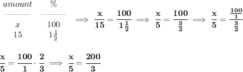 \bf \begin{array}{ccll}&#10;amount&\%\\&#10;\text{\textemdash\textemdash\textemdash}&\text{\textemdash\textemdash\textemdash}\\&#10;x&100\\&#10;15&1\frac{1}{2}&#10;\end{array}\implies \cfrac{x}{15}=\cfrac{100}{1\frac{1}{2}}\implies \cfrac{x}{5}=\cfrac{100}{\frac{3}{2}}\implies \cfrac{x}{5}=\cfrac{\frac{100}{1}}{\frac{3}{2}}&#10;\\\\\\&#10;\cfrac{x}{5}=\cfrac{100}{1}\cdot \cfrac{2}{3}\implies \cfrac{x}{5}=\cfrac{200}{3}