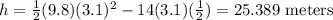 h =\frac 1 2 (9.8) (3.1)^2 - 14 (3.1) (\frac 1 2) =25.389 \textrm{ meters}