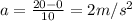 a = \frac{20 - 0}{10} = 2 m/s^2