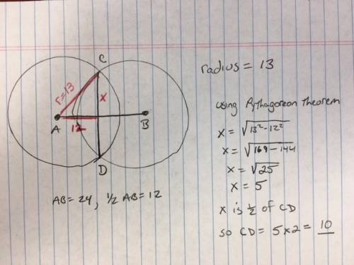 Circle a and circle b are conguent. cd is a chord of both circles. if ab=24 in and the radius is 13