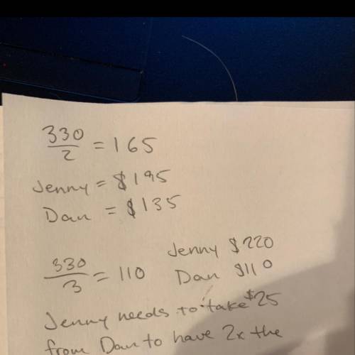 Jenny and dan have $330 altogether. jenny has $60 more than dan. how much should jenny take from dan