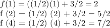 f (1) = ((1/2) (1) + 3/2 = 2&#10;&#10;f (2) = (1/2) (2) + 3/2 = 5/2&#10;&#10;f (4) = (1/2) (4) + 3/2 = 7/2