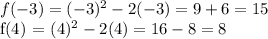 f(-3) = (-3)^2 - 2(-3) = 9 + 6 = 15&#10;&#10;f(4) = (4)^2 - 2(4) = 16 - 8 = 8