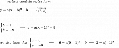\bf ~~~~~~\textit{vertical parabola vertex form} \\\\ y=a(x- h)^2+ k\qquad \begin{cases} \stackrel{vertex}{(h,k)} \end{cases} \\\\[-0.35em] \rule{34em}{0.25pt}\\\\ \begin{cases} h=1\\ k=-9 \end{cases}\implies y=a(x-1)^2-9 \\\\\\ \textit{we also know that } \begin{cases} x=0\\ y=-6 \end{cases}\implies -6=a(0-1)^2-9\implies 3=a(-1)^2