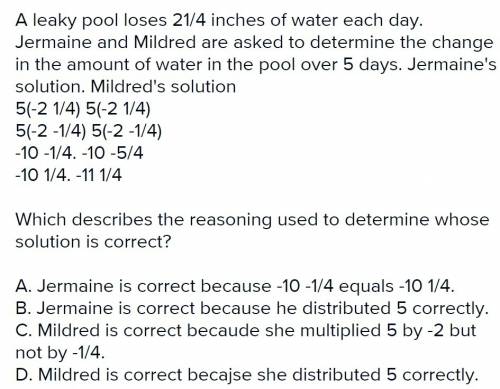 Aleaky pool loses 2 1/4 inches of water each day. jermaine and mildred are asked to determine the ch