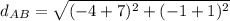 d_{AB}= \sqrt{(-4+7)^2+(-1+1)^2}