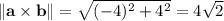 \|\mathbf a\times\mathbf b\|=\sqrt{(-4)^2+4^2}=4\sqrt2