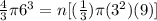 \frac{4}{3}\pi 6^{3}=n[(\frac{1}{3})\pi (3^{2})(9)]