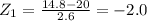 Z_{1} =\frac{14.8-20}{2.6}=-2.0