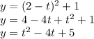 y=(2-t)^2+1 \\ y=4-4t+t^2+1 \\ y=t^2-4t+5