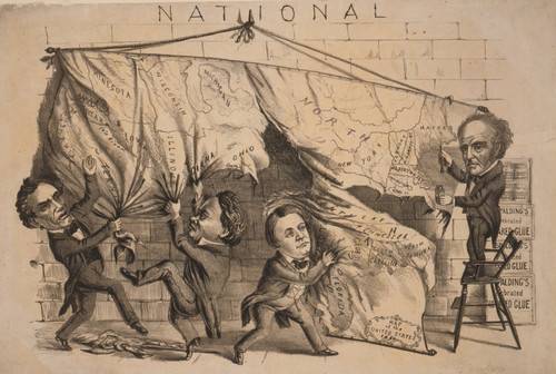 What is this cartoon illustrating about the united states and the 1860 election?  the candidates wan