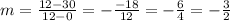 m=\frac{12-30}{12-0}=-\frac{-18}{12}=-\frac{6}{4}=-\frac{3}{2}