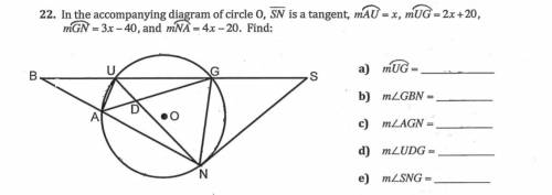Circle o with tangent sn  mau=x, mug=2x+20,mgn=3x-40,mna=4x-20