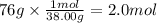 76 g \times \frac{1mol}{38.00g} = 2.0 mol