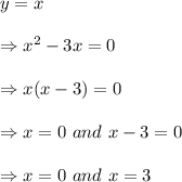 y=x \\  \\ \Rightarrow x^2-3x=0 \\  \\ \Rightarrow x(x-3)=0 \\  \\ \Rightarrow x=0\ and\ x-3=0 \\  \\ \Rightarrow x=0\ and\ x=3
