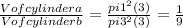 \frac{V of cylinder a}{V of cylinder b} = \frac{pi1^{2} (3)}{pi3^{2} (3) } = \frac{1}{9} &#10;