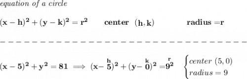\bf \textit{equation of a circle}\\\\ &#10;(x- h)^2+(y- k)^2= r^2&#10;\qquad &#10;center~~(\stackrel{}{ h},\stackrel{}{ k})\qquad \qquad &#10;radius=\stackrel{}{ r}\\\\&#10;-------------------------------\\\\&#10;(x-5)^2+y^2=81\implies (x-\stackrel{h}{5})^2+(y-\stackrel{k}{0})^2=\stackrel{r}{9^2}~~&#10;\begin{cases}&#10;center~(5,0)\\&#10;radius=9&#10;\end{cases}
