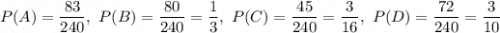 P(A)=\dfrac{83}{240},\ P(B)=\dfrac{80}{240}=\dfrac{1}{3},\ P(C)=\dfrac{45}{240}=\dfrac{3}{16},\ P(D)=\dfrac{72}{240}=\dfrac{3}{10}
