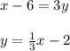 x-6=3y \\  \\ &#10;y= \frac{1}{3}x-2