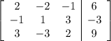 \left[\begin{array}{ccc|c}2&-2&-1&6\\-1&1&3&-3\\3&-3&2&9\end{array}\right]
