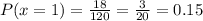 P(x=1)= \frac{18}{120} = \frac{3}{20}=0.15