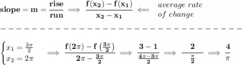 \bf slope = m = \cfrac{rise}{run} \implies &#10;\cfrac{ f(x_2) - f(x_1)}{ x_2 - x_1}\impliedby &#10;\begin{array}{llll}&#10;average~rate\\&#10;of~change&#10;\end{array}\\\\&#10;-------------------------------\\\\&#10;\begin{cases}&#10;x_1=\frac{3\pi }{2}\\&#10;x_2=2\pi &#10;\end{cases}\implies \cfrac{f(2\pi )-f\left( \frac{3\pi }{2} \right)}{2\pi -\frac{3\pi }{2} }\implies \cfrac{3-1}{\frac{4\pi -3\pi }{2}}\implies \cfrac{2}{\quad \frac{\pi}{2}\quad }\implies \cfrac{4}{\pi }