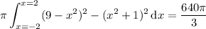 \displaystyle\pi\int_{x=-2}^{x=2}(9-x^2)^2-(x^2+1)^2\,\mathrm dx=\frac{640\pi}3