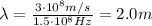 \lambda= \frac{3 \cdot 10^8 m/s}{1.5 \cdot 10^8 Hz}=2.0 m