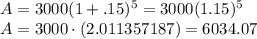 A=3000(1+.15)^{5}=3000(1.15)^{5}\\ A=3000\cdot (2.011357187)=6034.07