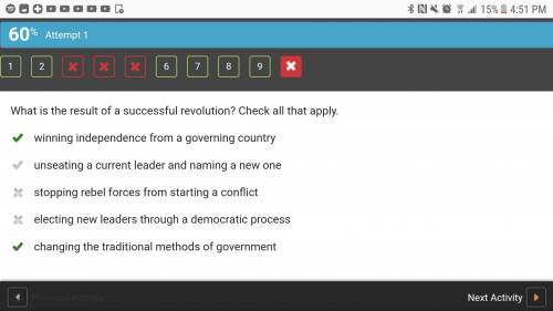 What is the result of a successful revolution?  check all that apply. winning independence from a go